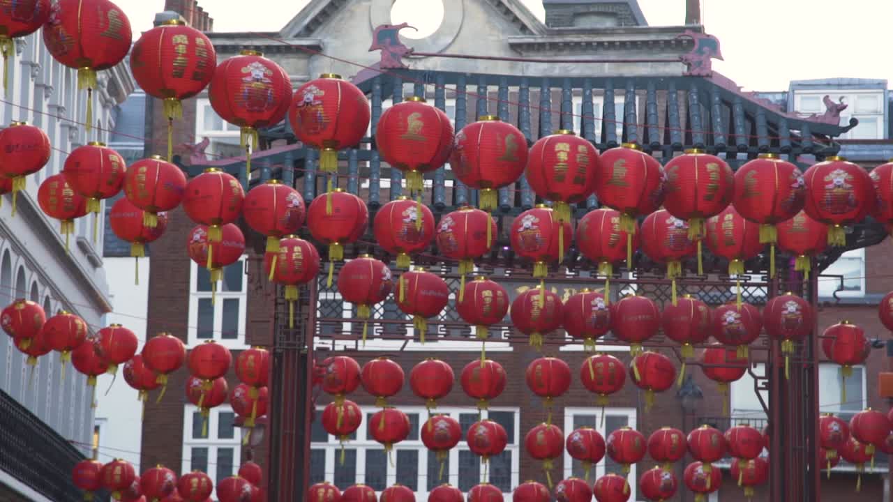 red lanterns in China town in London UK in slow motion