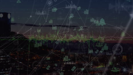 animación de conexiones, datos e iconos sobre el paisaje al atardecer
