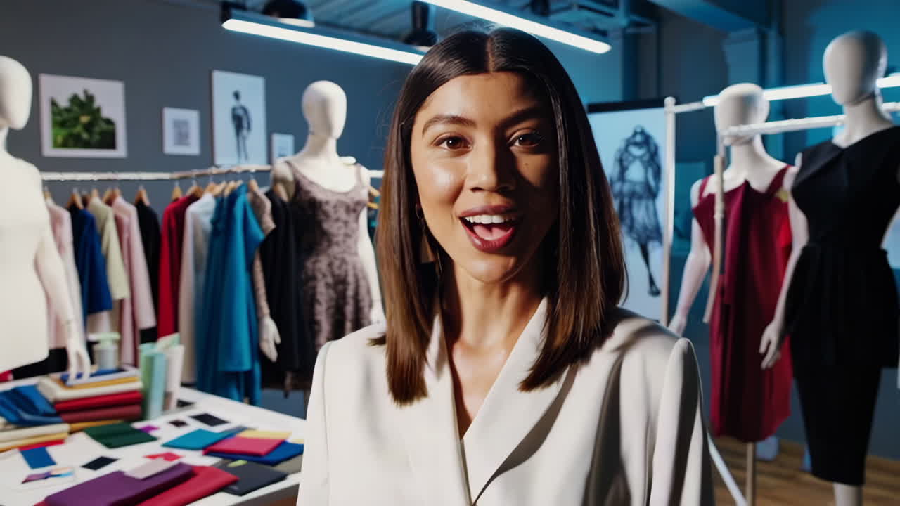 Woman in Fashion Design Studio with Clothes and Mannequins