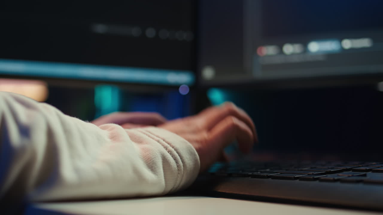 Programmer typing on computer to fix software vulnerabilities, close up