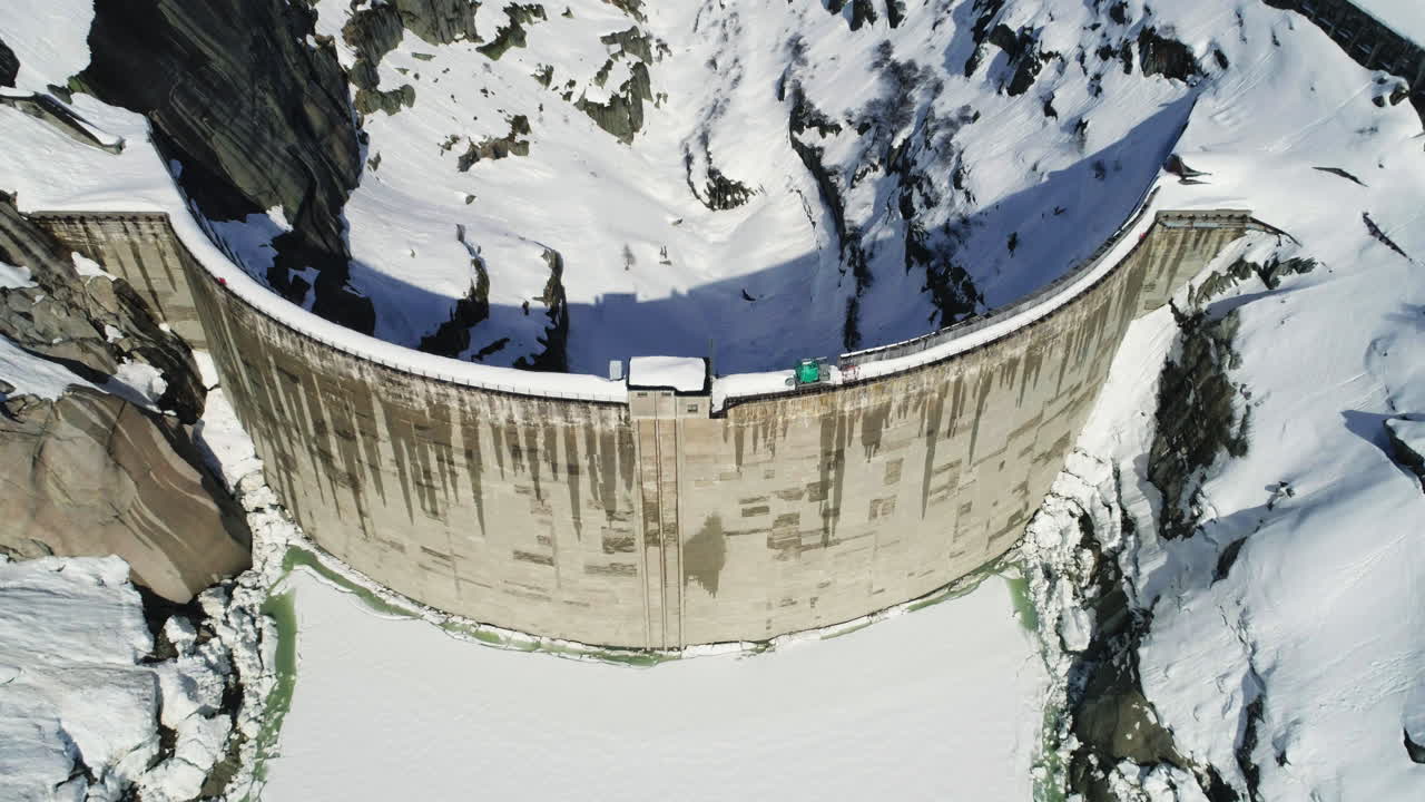 Aerial of a dam in winter