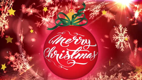 animación de texto de feliz navidad y nieve cayendo sobre bauble rojo en el paisaje de invierno