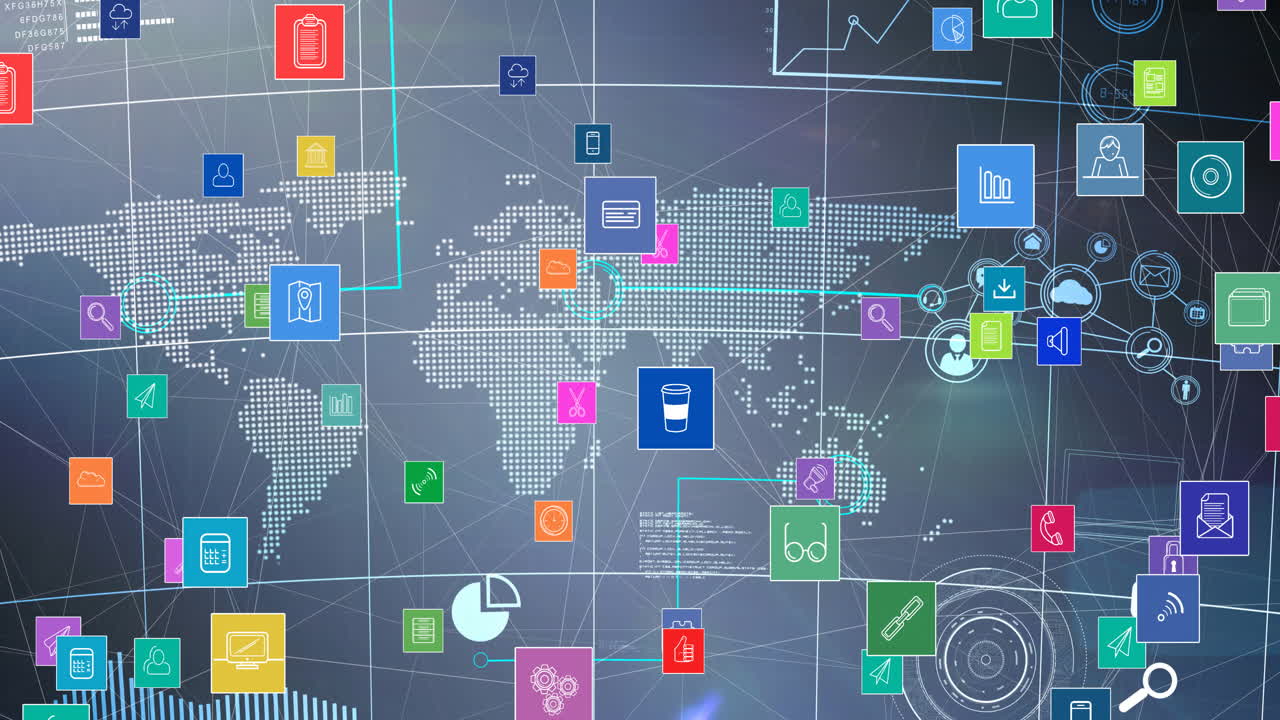 animación de la red de conexiones con iconos digitales sobre el mapa del mundo en el fondo