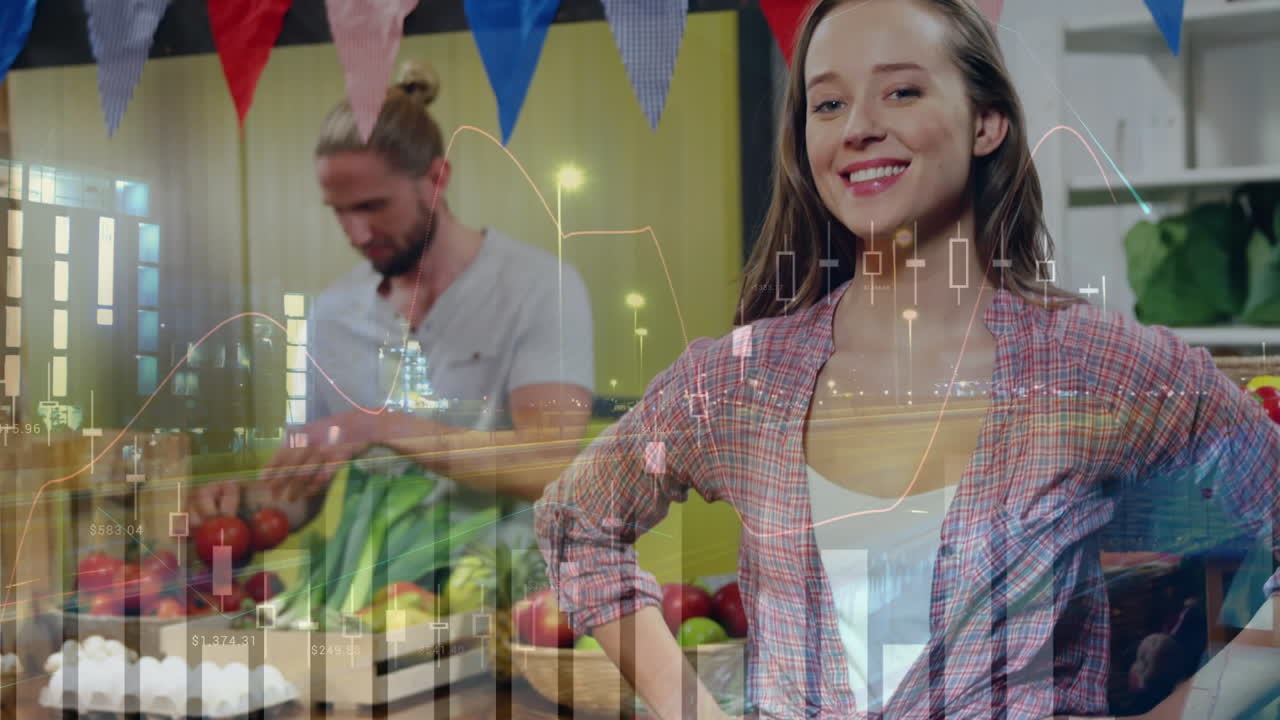 animación del procesamiento de datos financieros y estadísticas sobre la mujer en la tienda