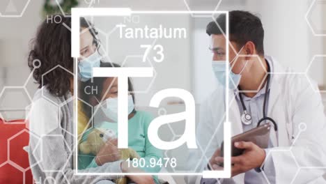 Animation-of-chemical-symbols-over-diverse-doctor-and-patients-wearing-face-masks