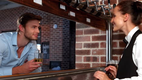 pretty barmaid talking with customer