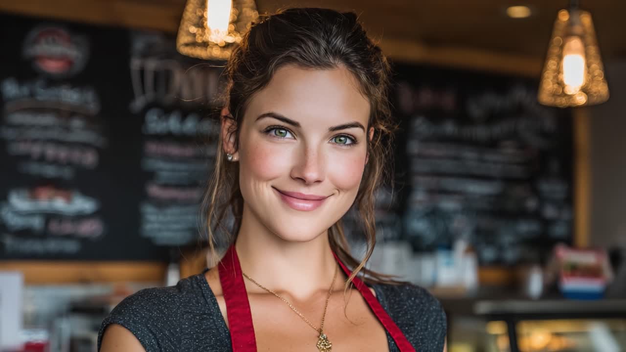 Barista affascinante che sorride alla fotocamera in un accogliente bar, trasmettendo gioia e calore con un bellissimo arredamento sullo sfondo