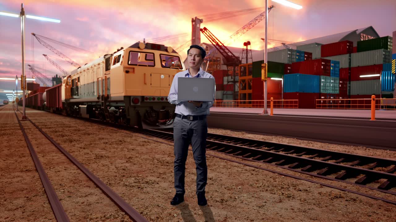 Full Body Of An Asian Male Professional Worker Use Laptop With Freight Cargo Train At Port, He Observes By Looking Around Before He Come To Concentrating With Laptop