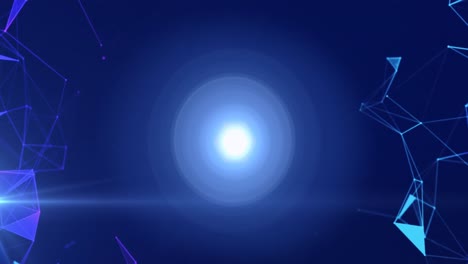 animation of networks of connections spinning over glowing spot of light on blue background