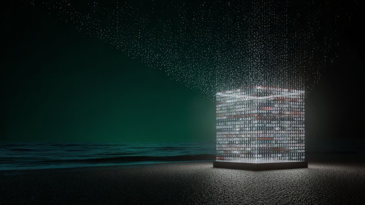 Abstract animation of a digital cube made of binary code processing data on a dark shoreline at night, representing concepts like big data, cloud computing, cryptocurrency, and blockchain