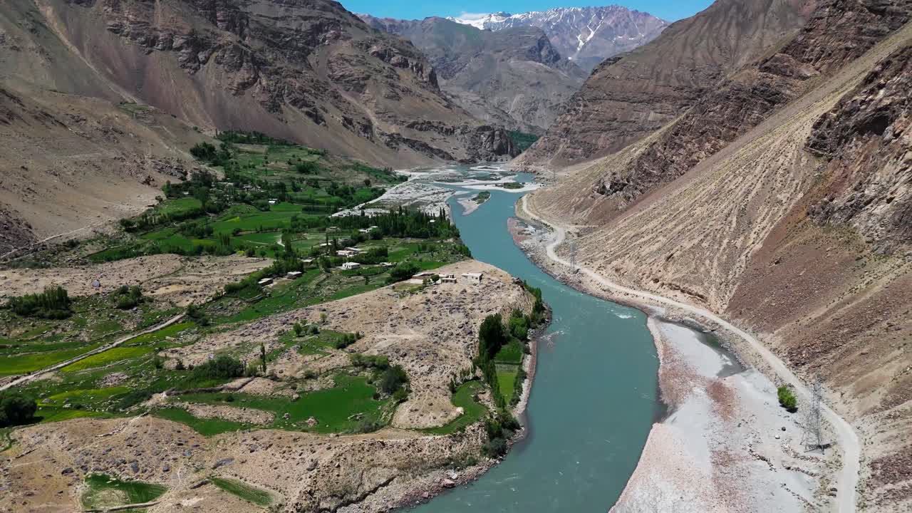 aerial view of Pamir mountains Central Asia drone above border between Tajikistan and Afghanistan