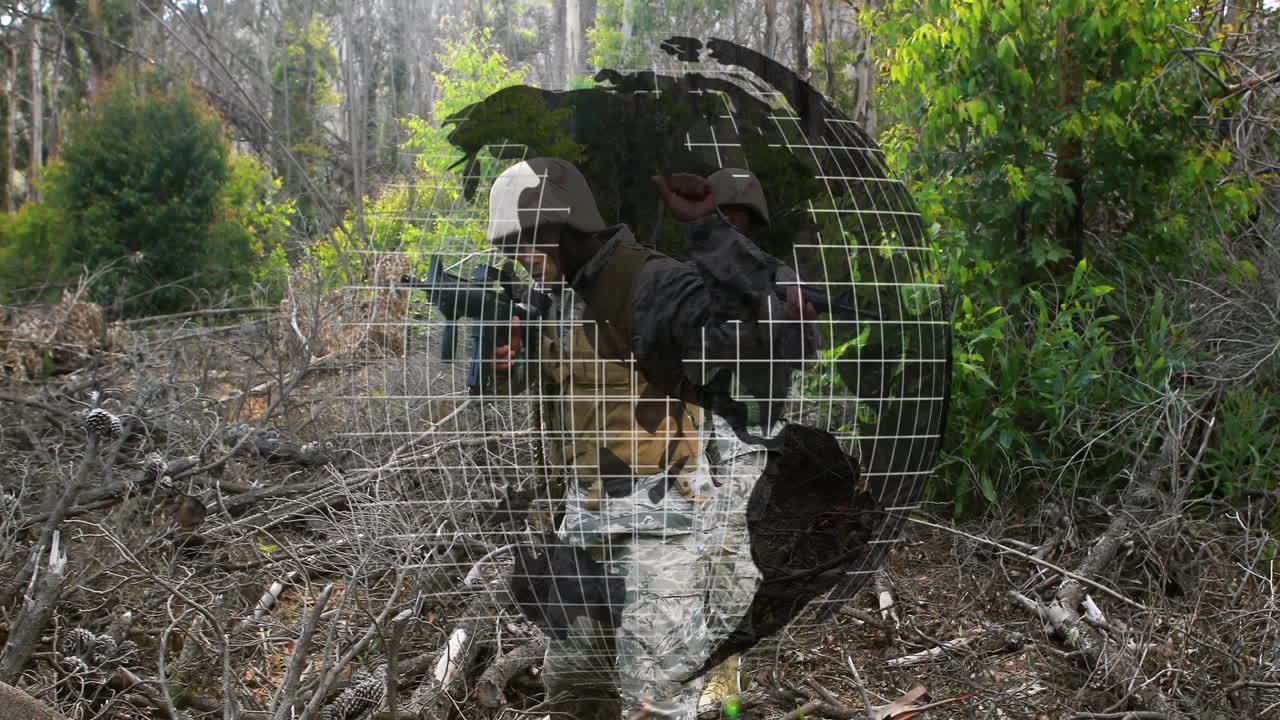 In forest, soldiers with digital globe grid overlay, symbolizing global military animation