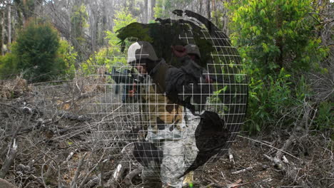 in forest, soldiers with digital globe grid overlay, symbolizing global military animation