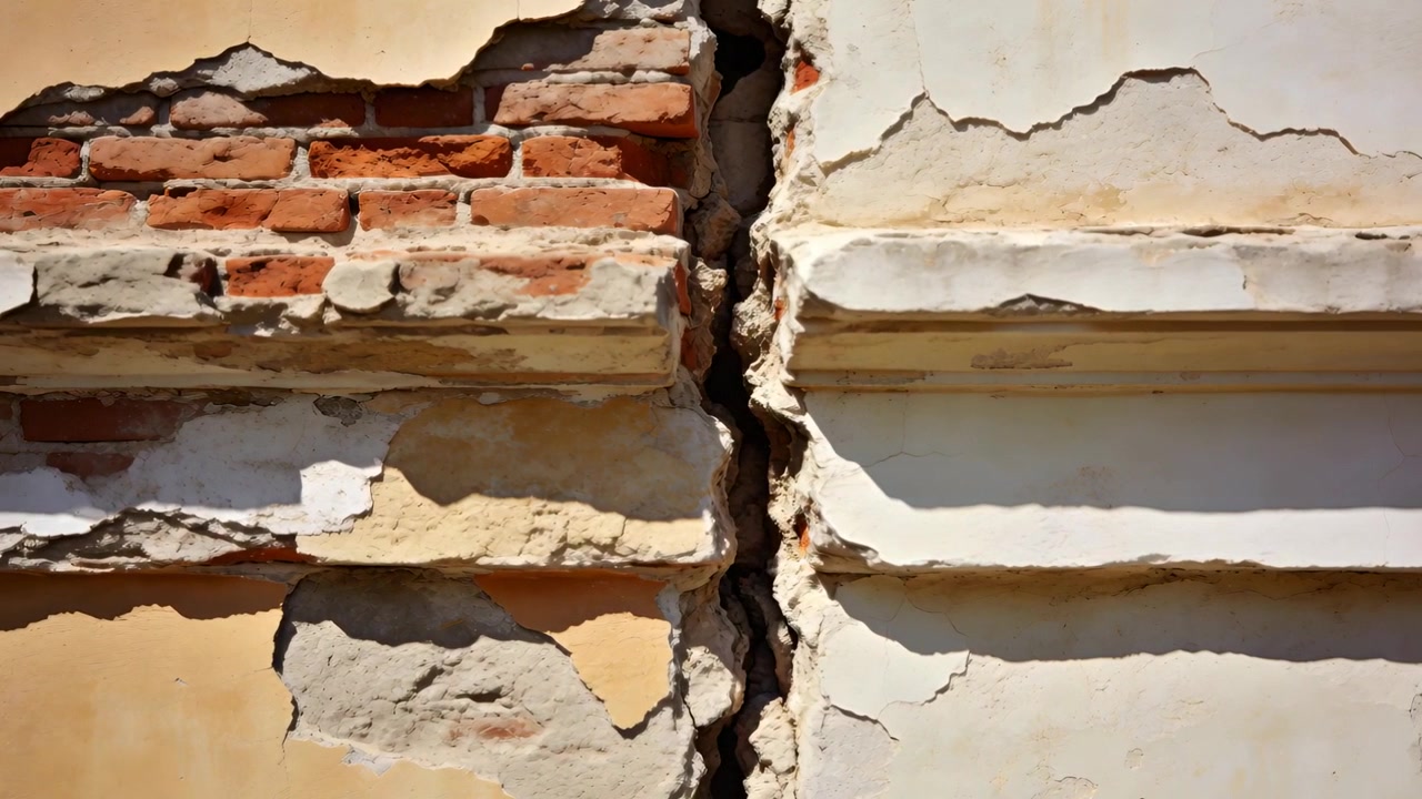 Mostrando una crepa verticale che espone mattoni rossi e intonaco scrostato sulla cornice della facciata, con la luce del sole che cambia.