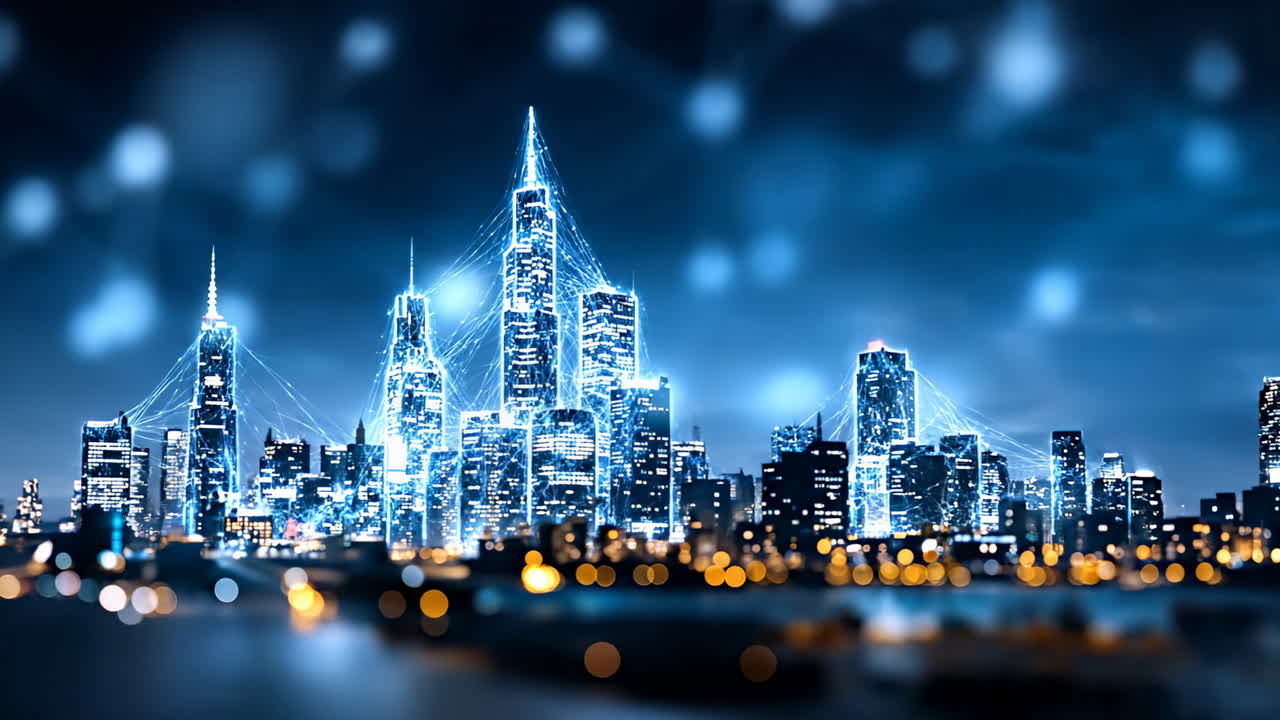 Bright night city skyline. City skyline glows at night with bright lights illuminating tall buildings and a bustling atmosphere