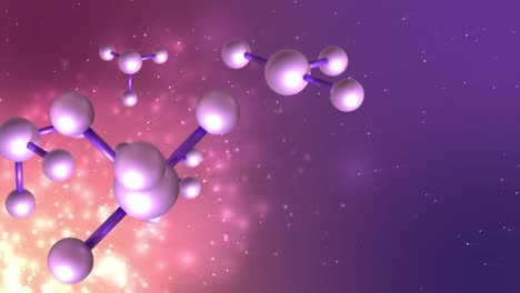 animation of macro of molecules and glowing light spots on purple background