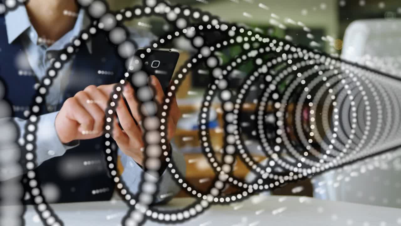 Seated woman picking up phone, tapping, swiping, checking office messages, dotted glass overlaying