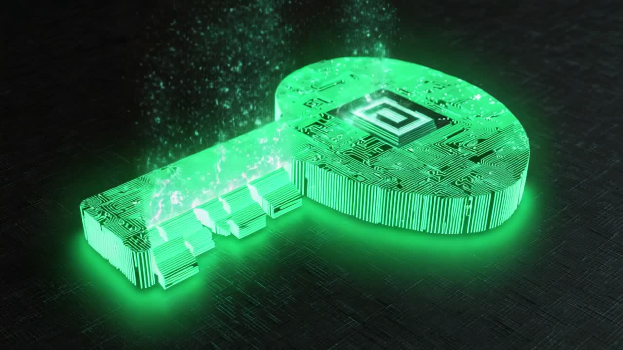 Futuristic digital key assembling from glowing green particles on a dark surface, symbolizing concepts of cybersecurity, encryption, data protection, and secure online digital access to information