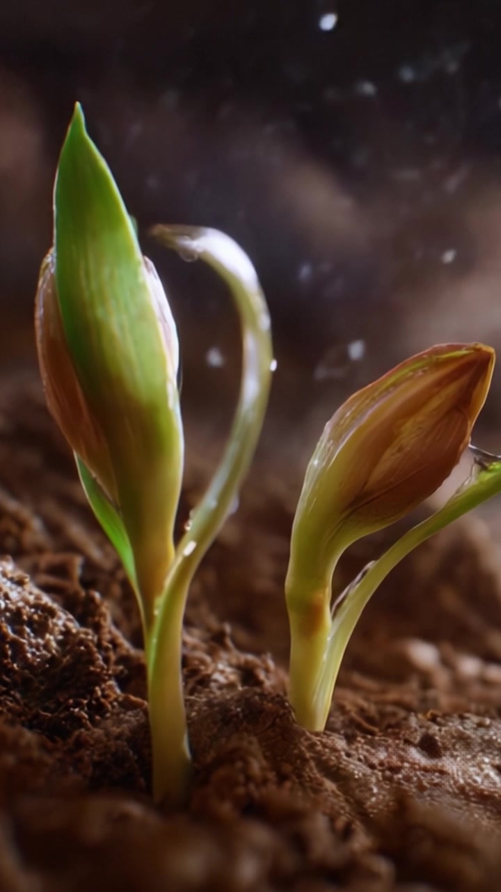 Lapso de tiempo de plantas verdes brotando de la tierra mostrando las etapas de crecimiento con hojas cubiertas de rocío y fondo terroso, capturando la belleza de la naturaleza en enfoque macro