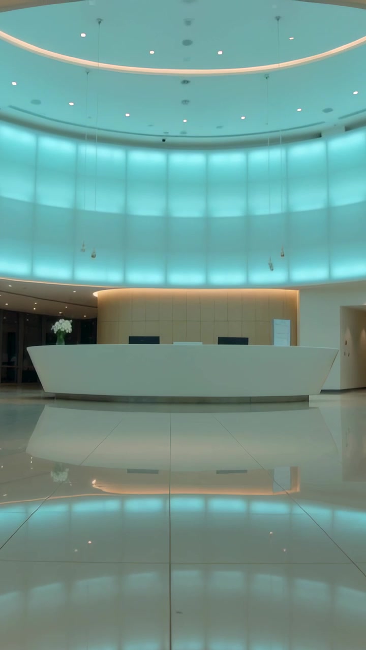 Vídeo vertical: Iluminação variável banhando a mesa central no lobby, destacando parede curva e vaso