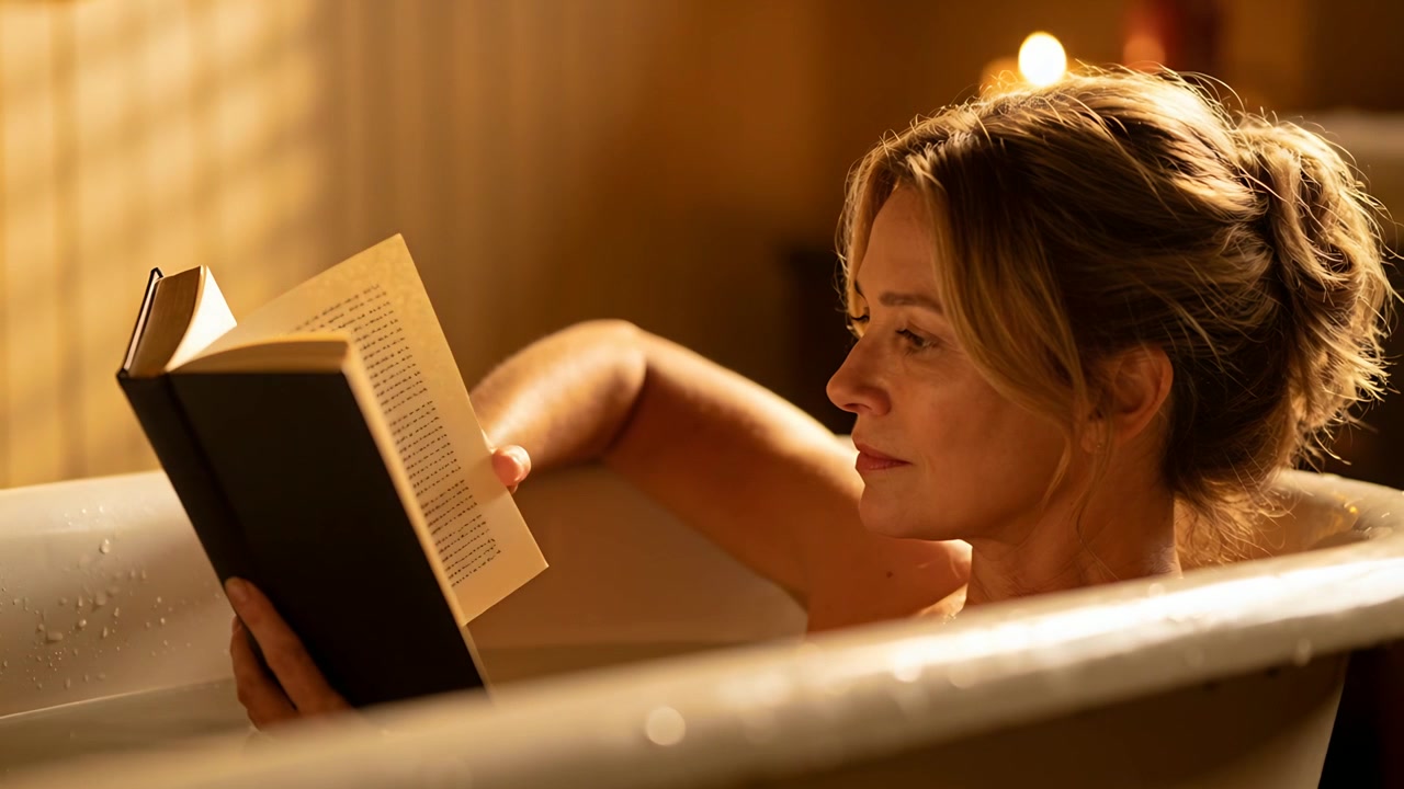Mulher madura segurando um livro de capa dura, lendo e virando a página na banheira com uma luminária, ombros à mostra.