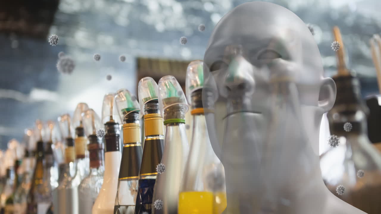 Animation af covid-19-celler svævende over menneskehoved og flasker i en bar