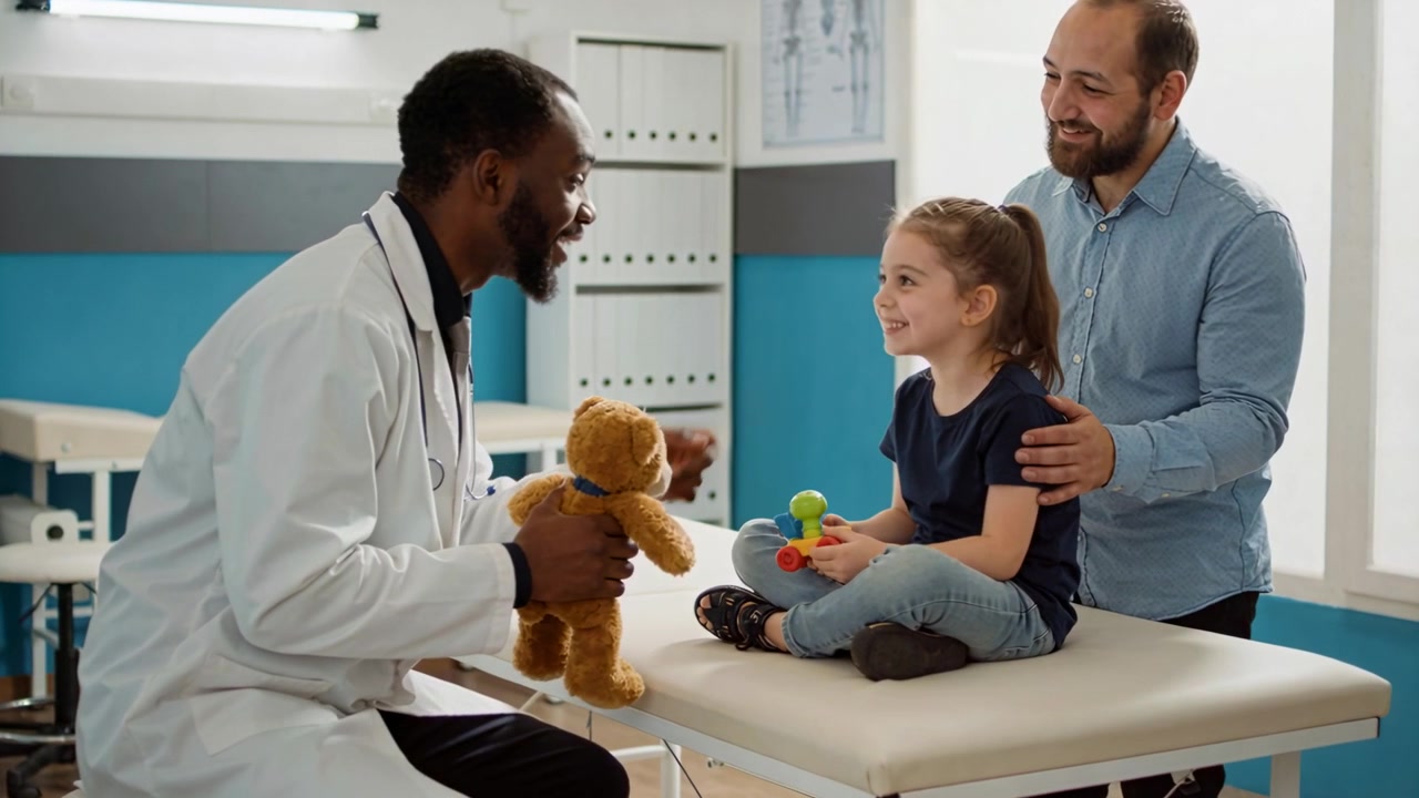 Kneeling white-coat doctor offering teddy bear, engaging navy-shirt child holding rattle in clinic