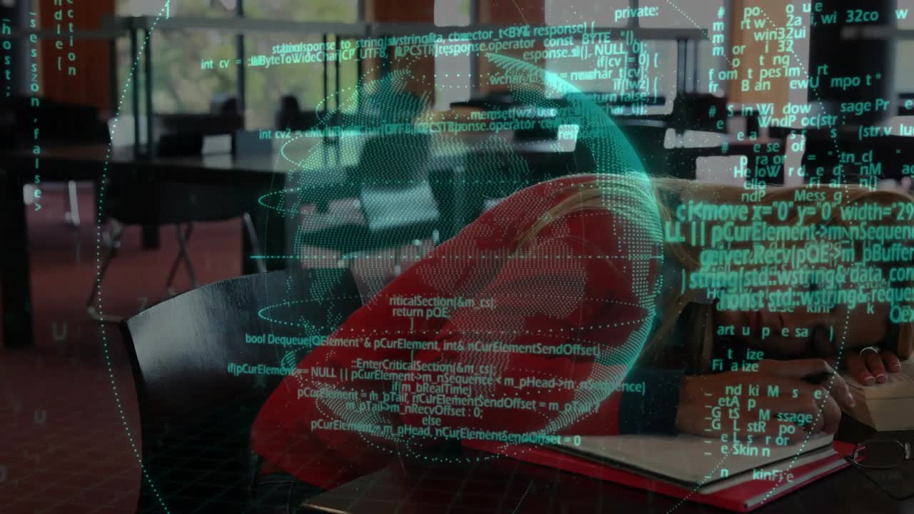 Student writing in academia pen causing head dropping while holo globe code growing denser on notes