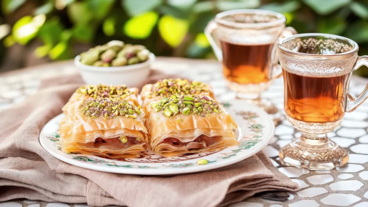 Şık bardaklarda sunulan aromatik çay eşliğinde, güzel bir tabakta yer alan fıstıklarla katmanlandırılmış, davetkar baklava sıcak ve cezbedici bir açık hava atmosferi yaratıyor.