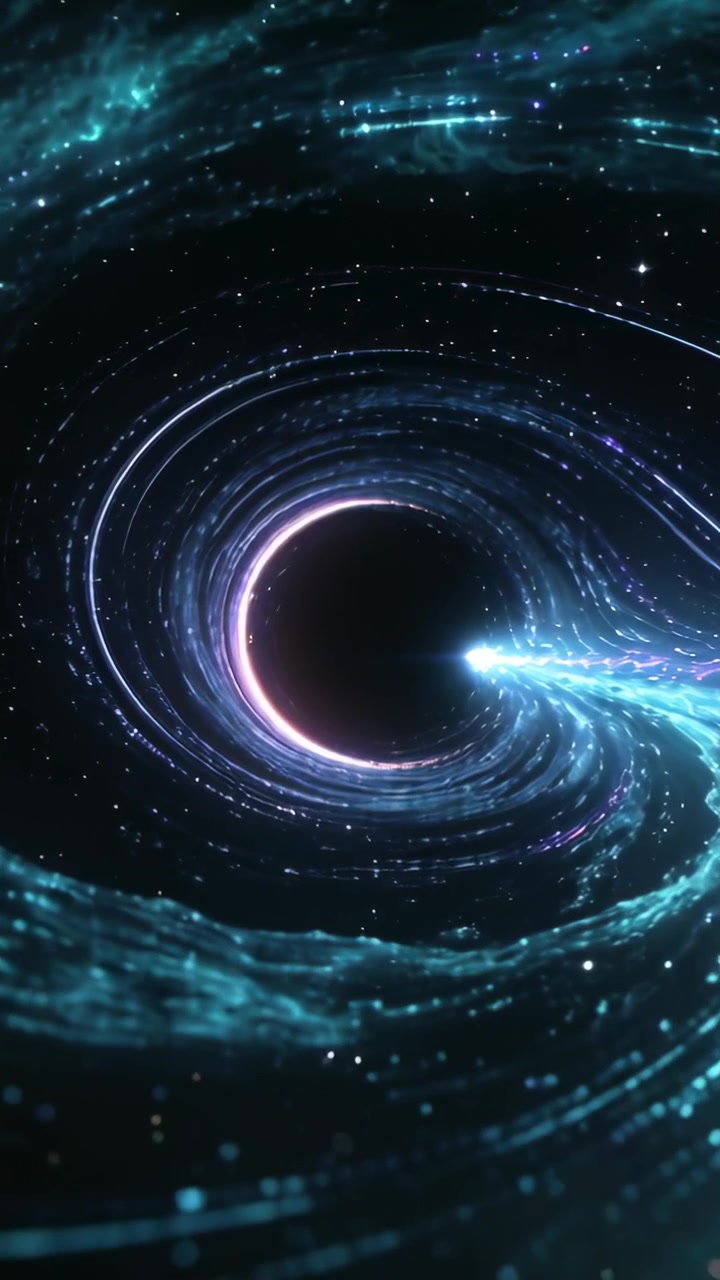 Video verticale: Un getto intrecciato che pulsa da destra verso un vortice nello spazio, alimentando un anello di accrescimento.