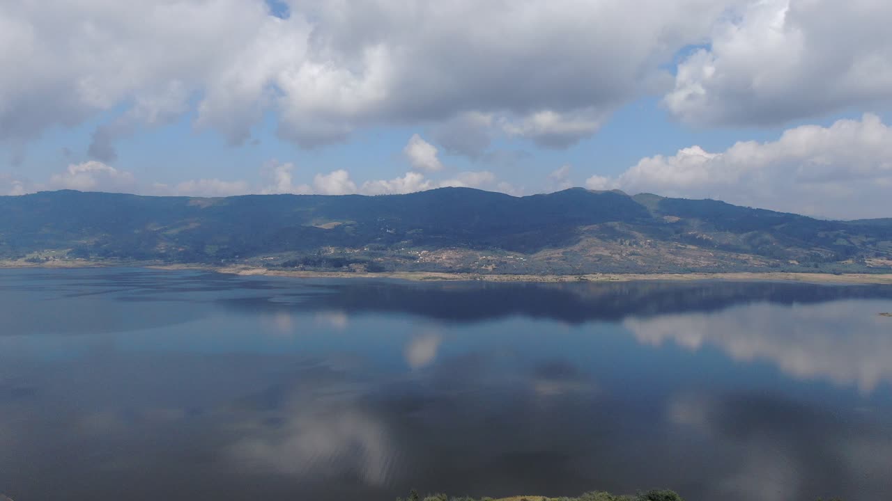 aerial drone view of the guatavita lagoon in Colombia. DJI Mavic 2 zoom drone shoot. beautiful lagoon in Cundinamarca, Colombia