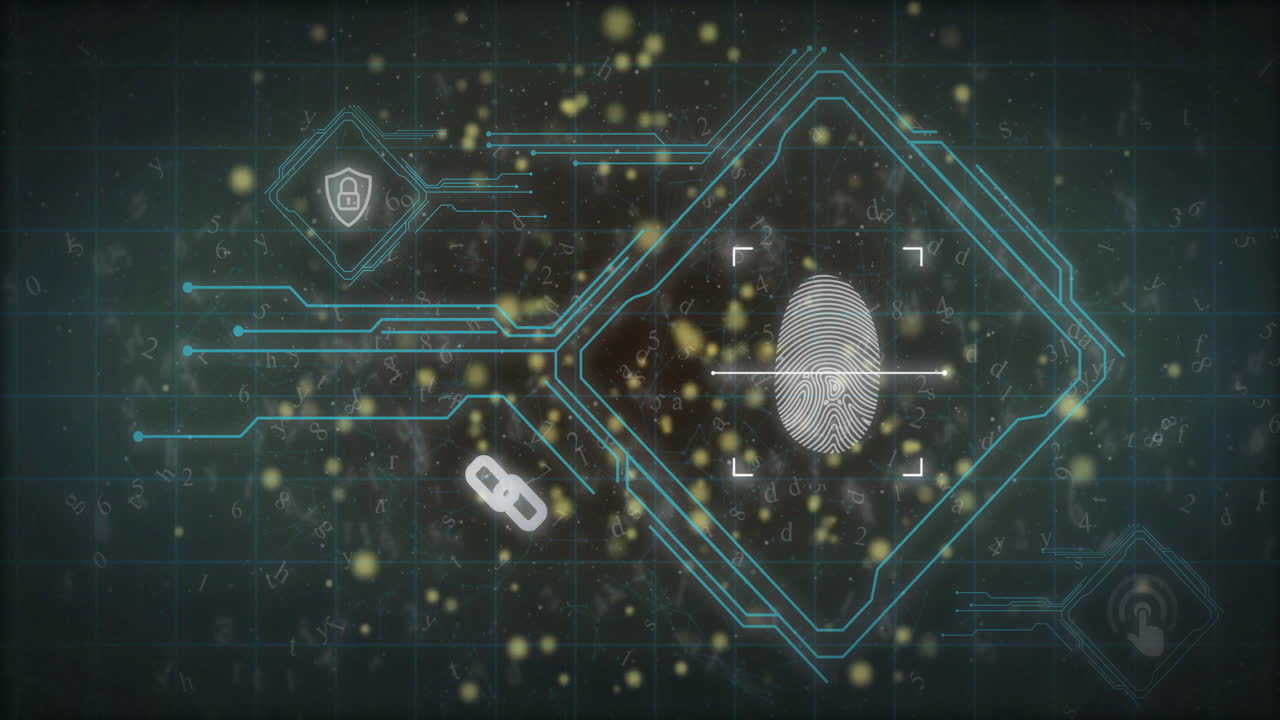 Animation of network of connections over padlock and fingerprint