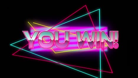 Animation-of-you-win-text-in-metallic-pink-letters-and-neon-triangles-on-black-background