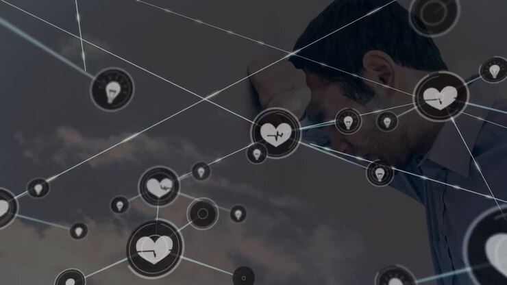 Animation of network of connections with icons over sad men