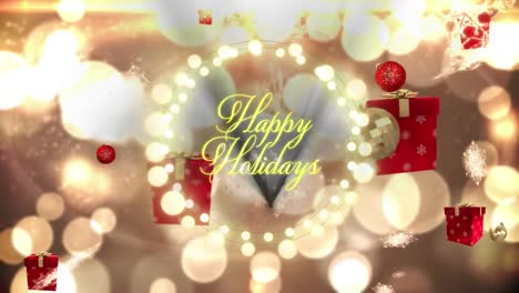 Animation of season&#039;s greetings text in fairy lights frame with presents on red background