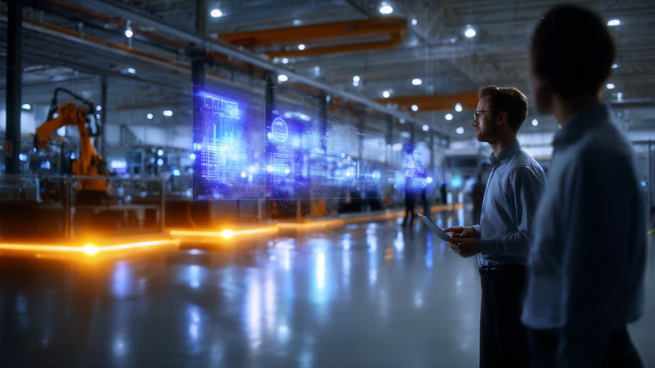 Innovative Manufacturing Environment Showcasing Cutting-Edge Technology with Digital Displays and Interactive Holograms, Highlighting Advanced Automation and Industry 4.0 Trends in a Modern Factory Setting
