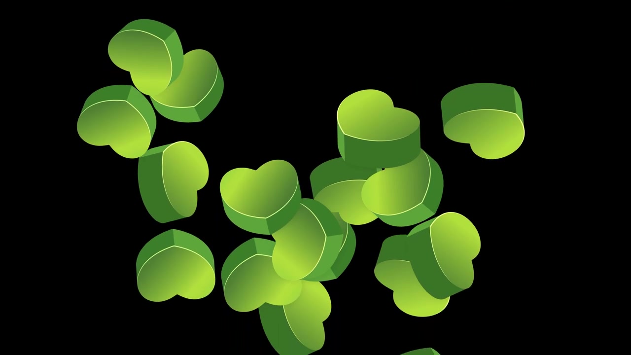 Corações 3D verdes vibrantes explodem e flutuam sobre um fundo escuro em uma animação dinâmica