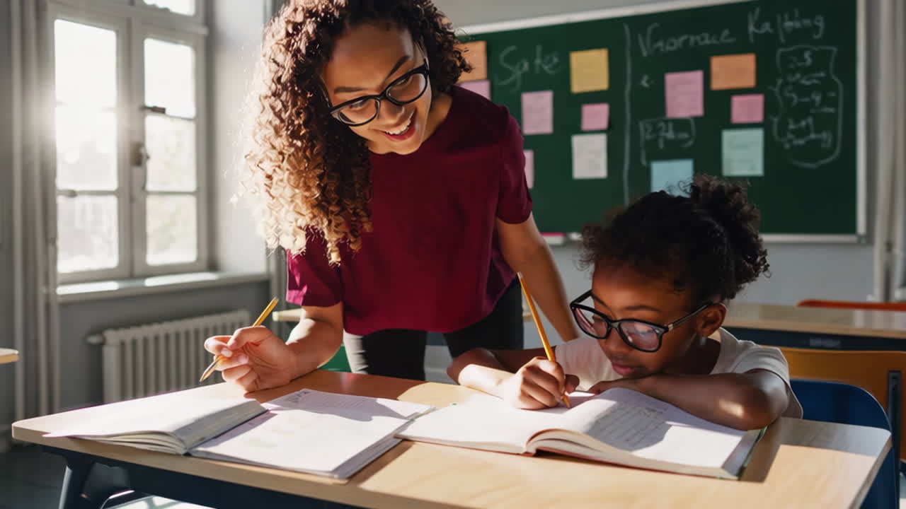 Teacher helping a young student with schoolwork in a classroom