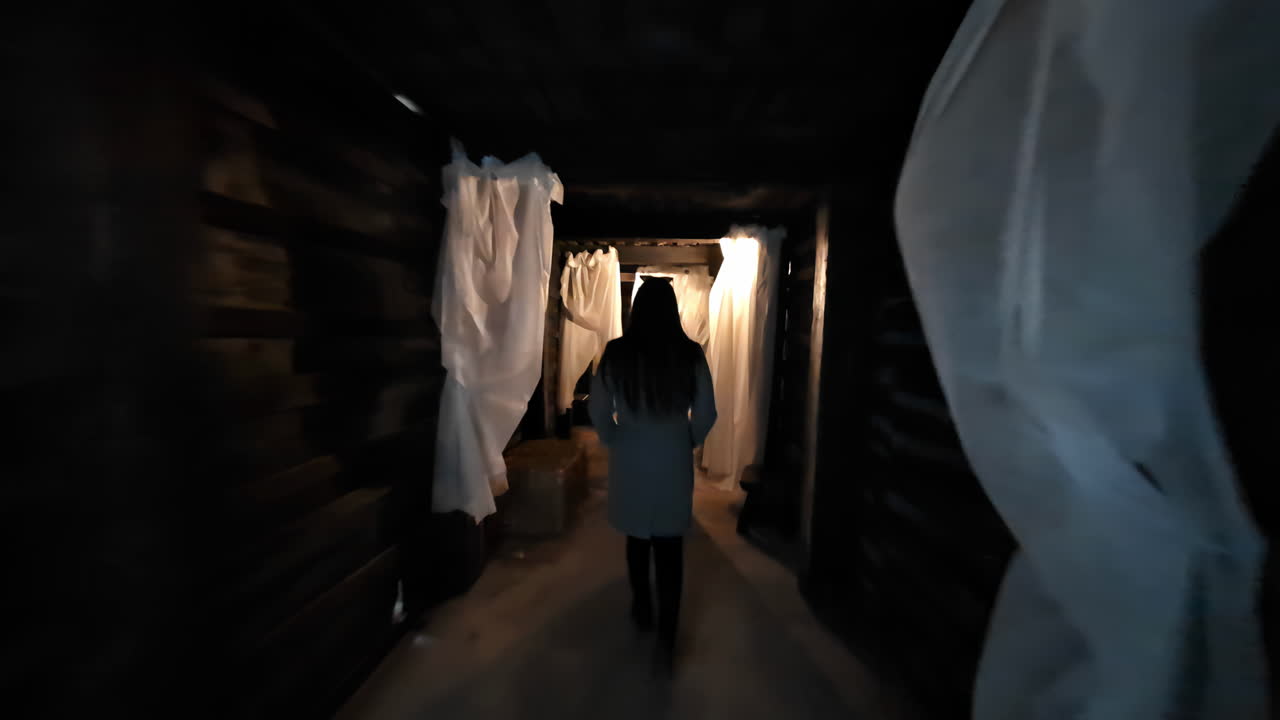 Silhouetted person walks through a narrow underground passage with hanging white fabric and low light