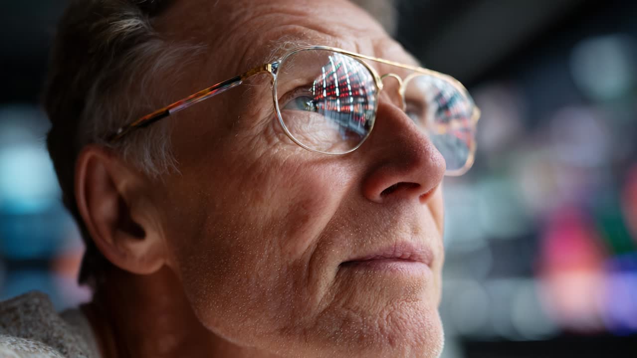 A contemplative older man gazes thoughtfully into the distance, reflecting on life's experiences while surrounded by a blur of vibrant colors and soft light, highlighting his pensive expression and introspective mood