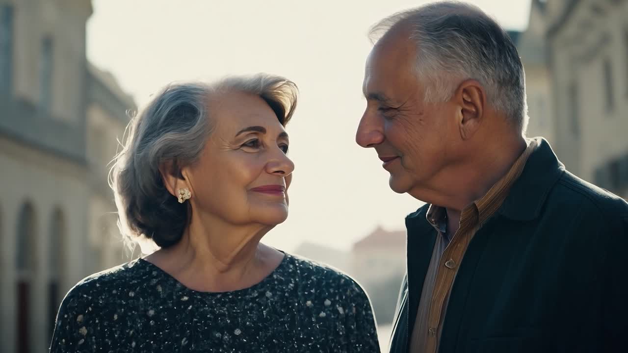 una pareja de ancianos amorosos mirándose el uno al otro en la ciudad
