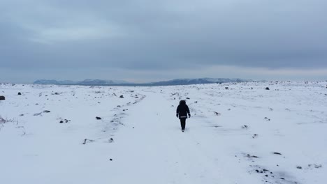 lone adventurer walking in vast open white snow covered back country in iceland