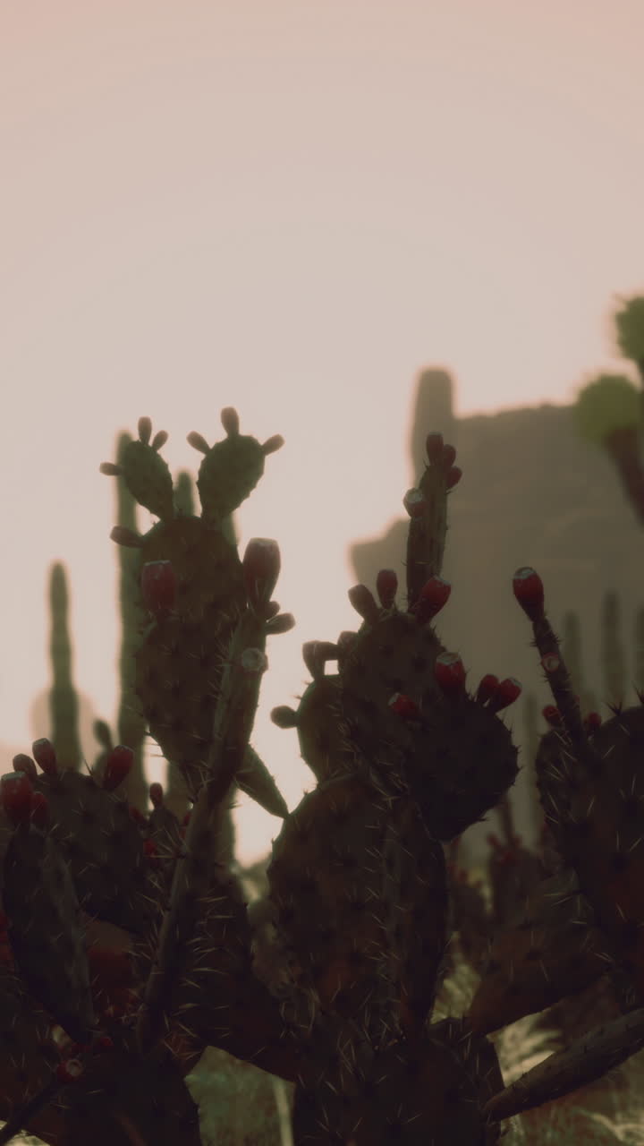 Paesaggio con cactus al tramonto con silhouette di flora del deserto in luce soffusa