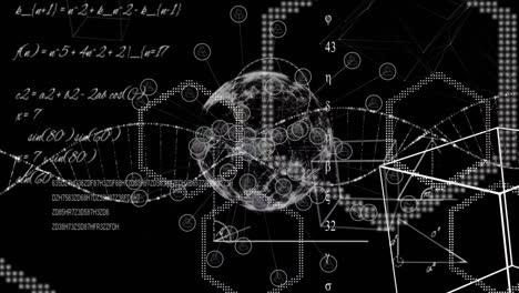 animation of network of connections, shapes and mathematical equations over dna strand