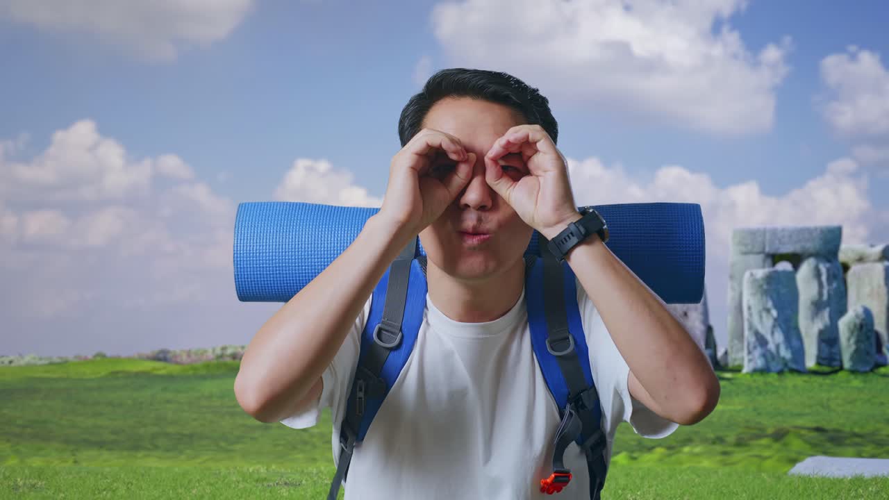 Happy Traveler Looking Through Hands