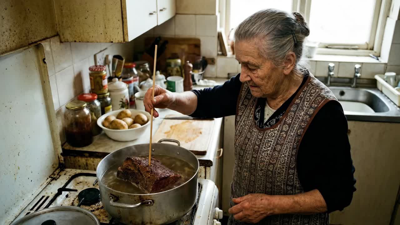 Woman Cooking Meat in a Pot