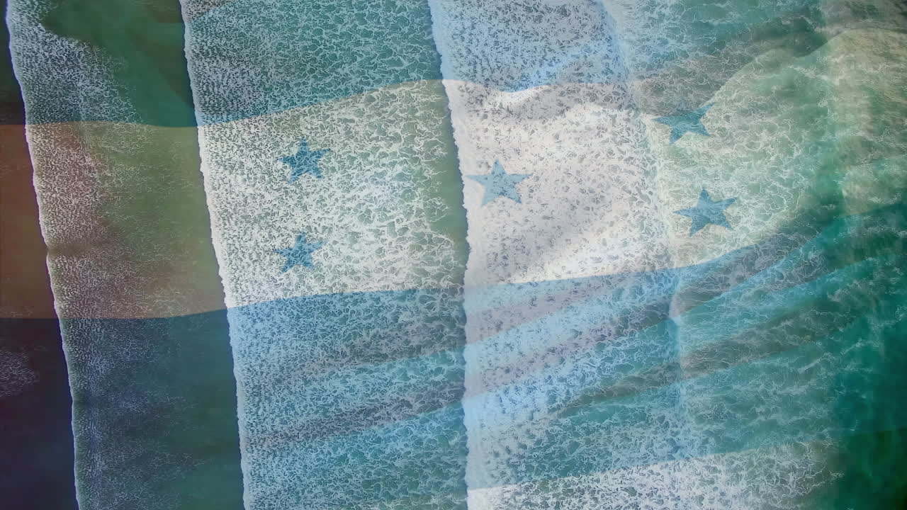 Digital composition of waving honduras flag against aerial view of the sea waves