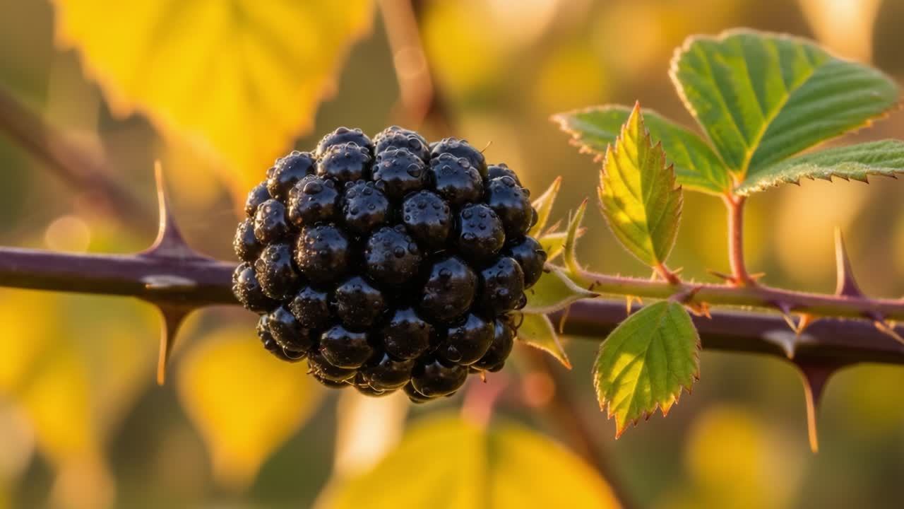 A Close-Up View of a Ripe Blackberry Nestled Amongthorns and Lush Green Leaves, Glimmering in the Soft Light of a Sunny Day, Exuding Juicy Freshness and Organic Beauty
