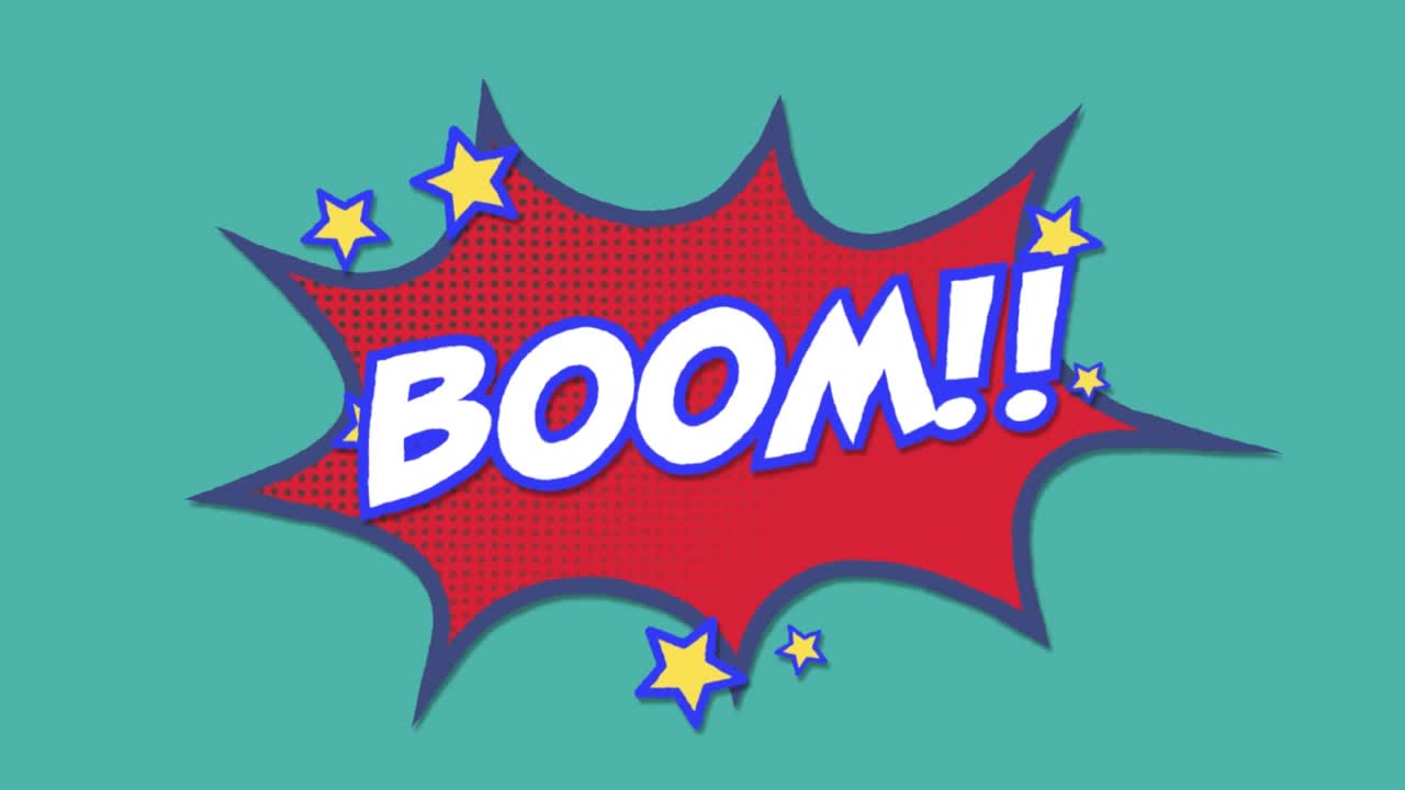 Animation of comic 5 options text over multiple comic speech bubbles with comic sound effects texts