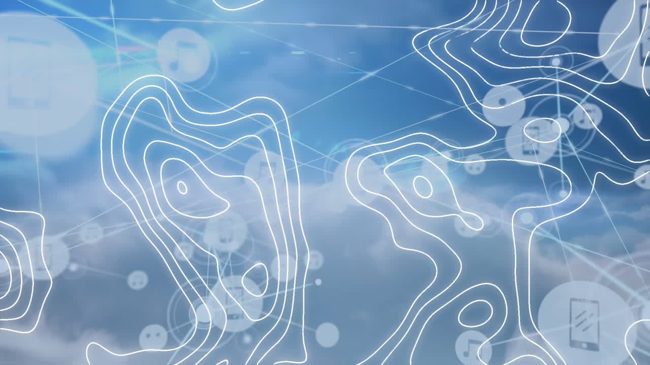 Animation of white map lines and network of connections with icons